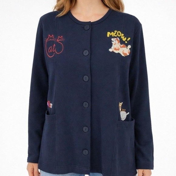 Orvis Sweaters - Whimsical Embroidered Cat Cardigan Jacket Orvis Vintage Buttons Roomy X-Small